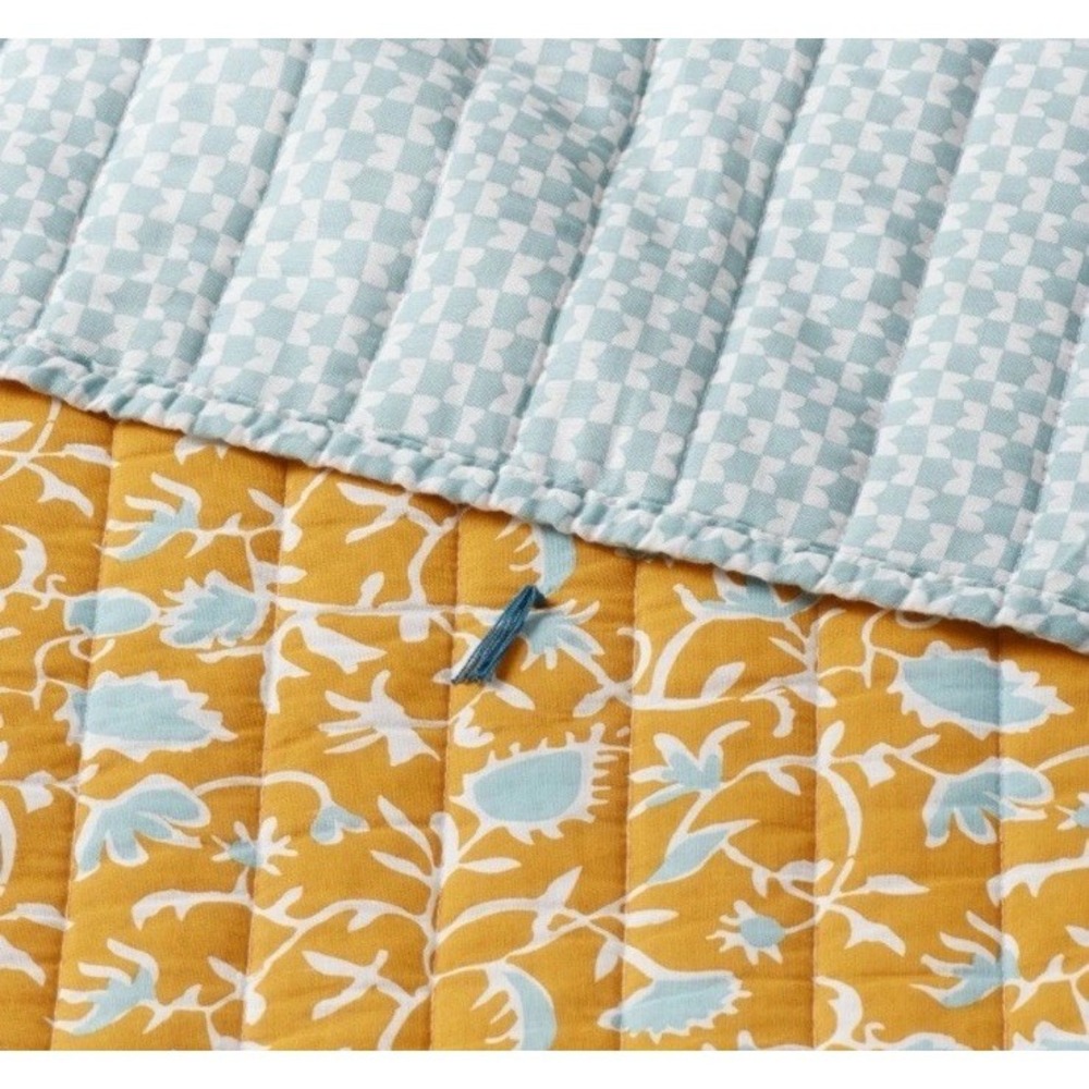 NEW Threshold Full/Queen Earthy Vines Quilt 100% Cotton Mustard Yellow Teal NWT